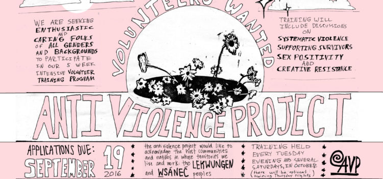 Volunteer training applications due Sept 19, 2016 a pink and white poster with black hand-drawn flowers in the middle. The poster reads "We are seeking enthusiastic and caring folks of all genders and backgrounds to participate in our 5 week intensive volunteer training program. Training will include discussion on systemic violence, supporting survivors, sex positivity, and creative resistance. Applications Due Sept 19, 2016.