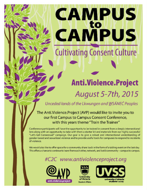 Poster with information for AVP's Campus to Campus: Cultivating Consent Culture Conference