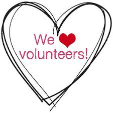 a heart drawn 3 times overlapping in black contains pink text that says "We heart volunteers"