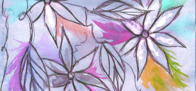 Thinking About Healing a sketch of three flowers with pointed petals. The background is a soft purple, there are bright leaves of pink, salmon, and yellow surrounding the flowers. This image is taken from the front cover of the healing zine.