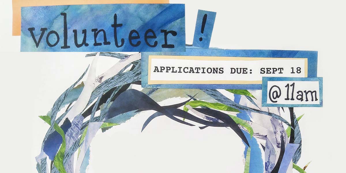Text in blue boxes that reads "Volunteer! Applications due Sept 18 at 11 am", with a half-circle of wavy blue and green seaweed-like fronds.