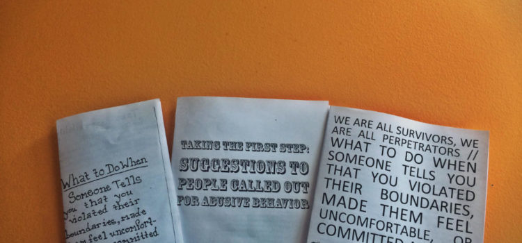 Resource Review: Zines for people who have caused harm Photo of three zines discussed in this blog post against an orange wall.