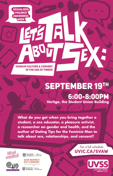 Poster for "Let's Talk about Sex: Hookup Culture and Consent in the Age of Tinder." Event taking place Wednesday, Sept 19th, 6pm to 8pm in Vertigo, UVic Student Union Building