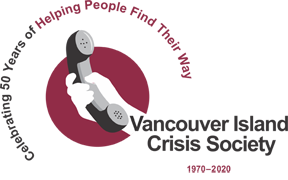 Logo of the Vancouver Island Crisis Society. Hand holding a telephone on a red background, with the text: Celebrating 50 years of Helping People Find Their Way 1970-2020