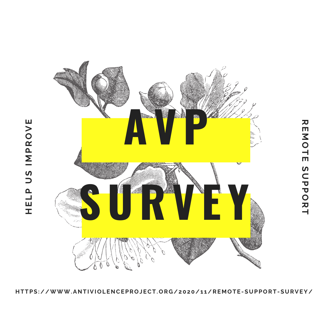 Yellow rectangles with the text "AVP survey - Help us improve remote support" over black and white flowers.