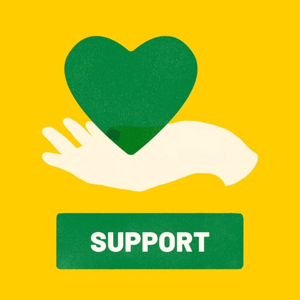 A hand holding a green heart below the word "support" is written out.