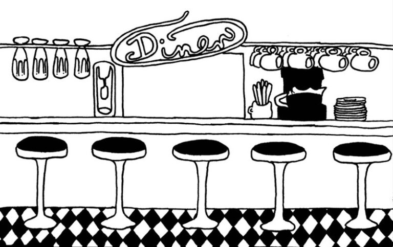 A black and white drawing of a bar with stools in a diner